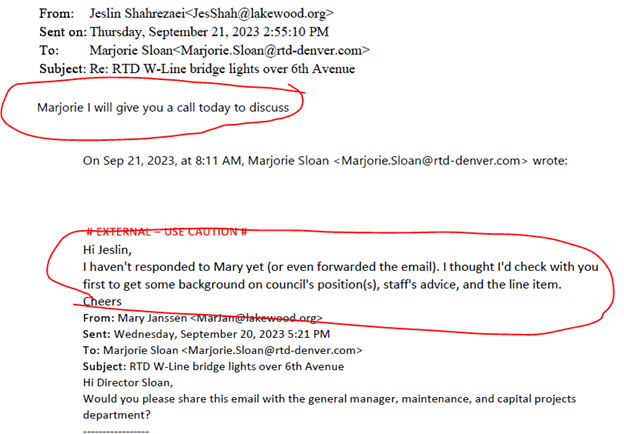 Email from RTD representative asking Counselor Shahrezaei how to proceed. Shahrezaei responds she will call.