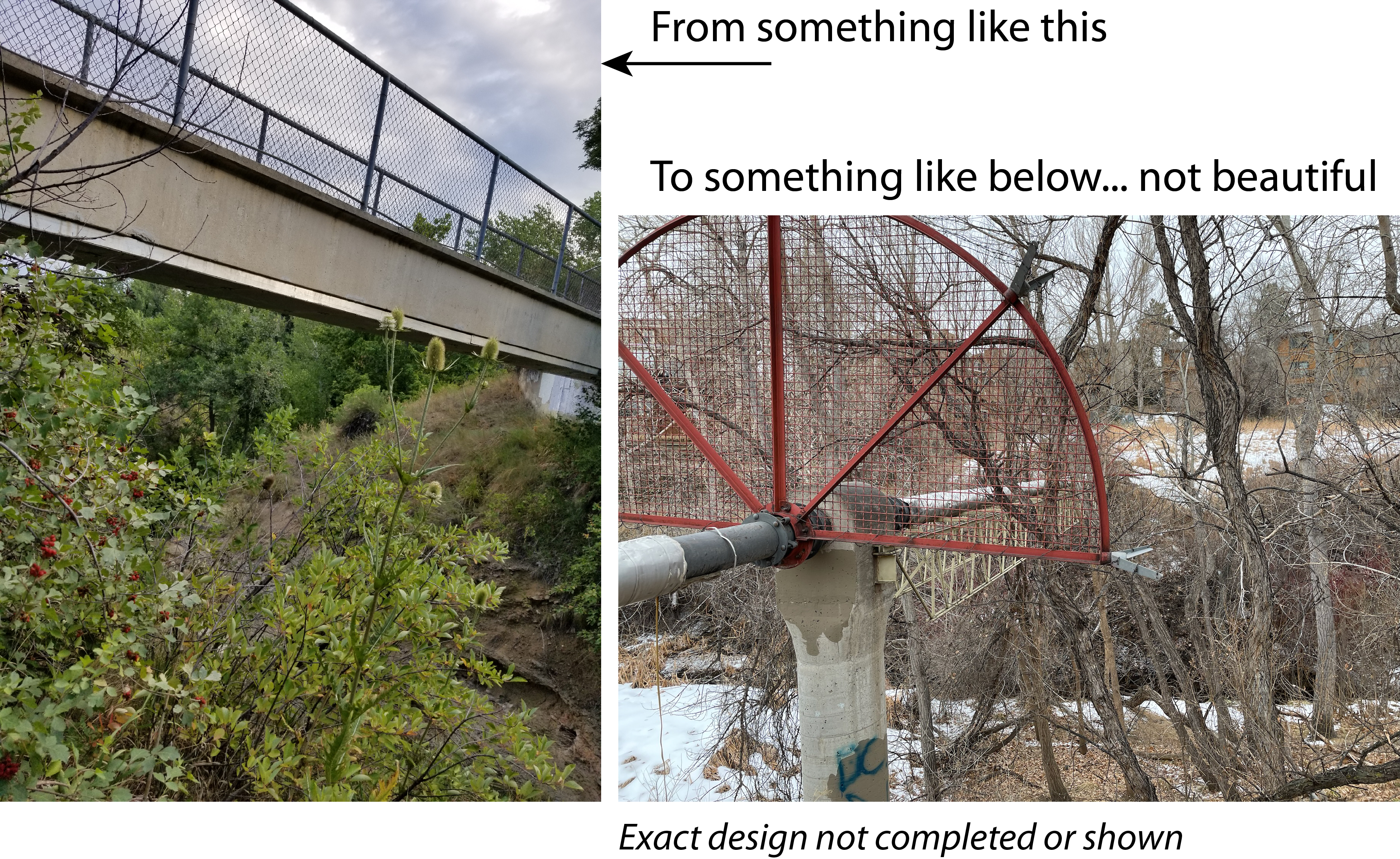 Picture of existing bridge compared to possible trestle design replacement with no walkable surface