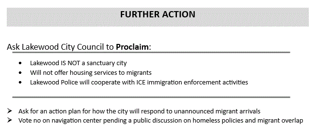 Further action suggestions. Ex, ask Lakewood to proclaim it is not a sanctuary city