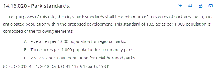 Per Municipal Code 14.16.020, Lakewood's park standards shall be a minimum of 10.5 acres of park per 1,000 people.