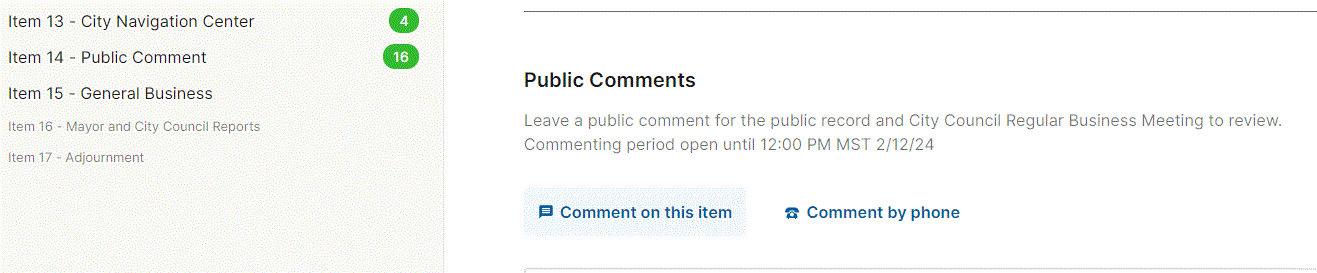 Screen capture of public comment button on LakewoodSpeaks