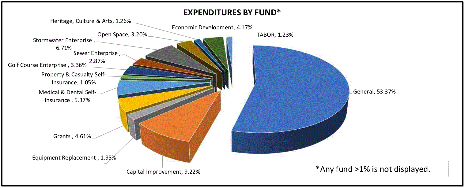 Pie chart showing TABOR is 1.23% of Lakewood's funds