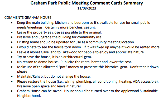 Graham Park Public Mee�ng Comment Cards Summary
11/08/2023
COMMENTS GRAHAM HOUSE
• Keep the main building, kitchen and bedroom so it’s available for use for small public
needs/mee�ngs. Certainly more benches, sea�ng.
• Leave the property as close as possible to the original.
• Preserve and upgrade the building for community use.
• Exis�ng home should be updated for use as a community mee�ng loca�on.
• I would hate to see the house torn down. If it was fixed up maybe it would be rented more.
• Leave it alone! Gave land to Lakewood for people to enjoy and appreciate nature.
• Try to save the house, it is an architectural gem.
• No reason to demo house. Publicize the rental beter and lower the cost.
• Make use of the allocated “pot” money to preserve this historical gem. Don’t tear it down –
please!
• Maintain/Rehab, but do not change the house.
• Please restore the house (i.e., wiring, plumbing, air condi�oning, hea�ng, ADA accessible).
Preserve open space and leave it natural.
• Graham House can be saved. House should be turned over to the Applewood Sustainable
Neighborhood.