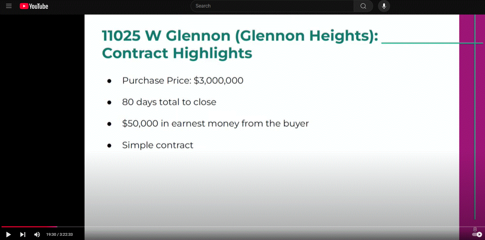 Glennon Heights contract highlights inclue $3M purchase price