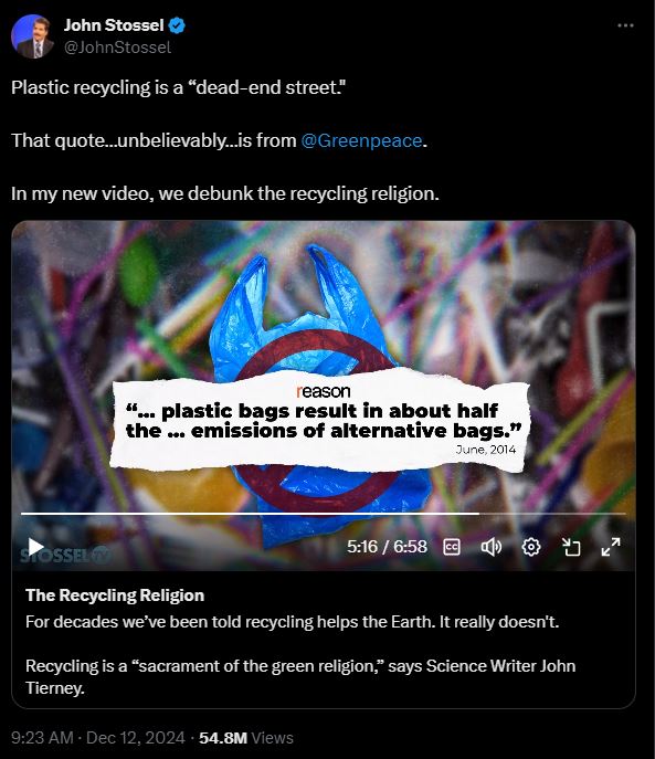 @John Stossel
Plastic recycling is a “dead-end street."
That quote…unbelievably…is from 
@Greenpeace.
In my new video, we debunk the recycling religion.
